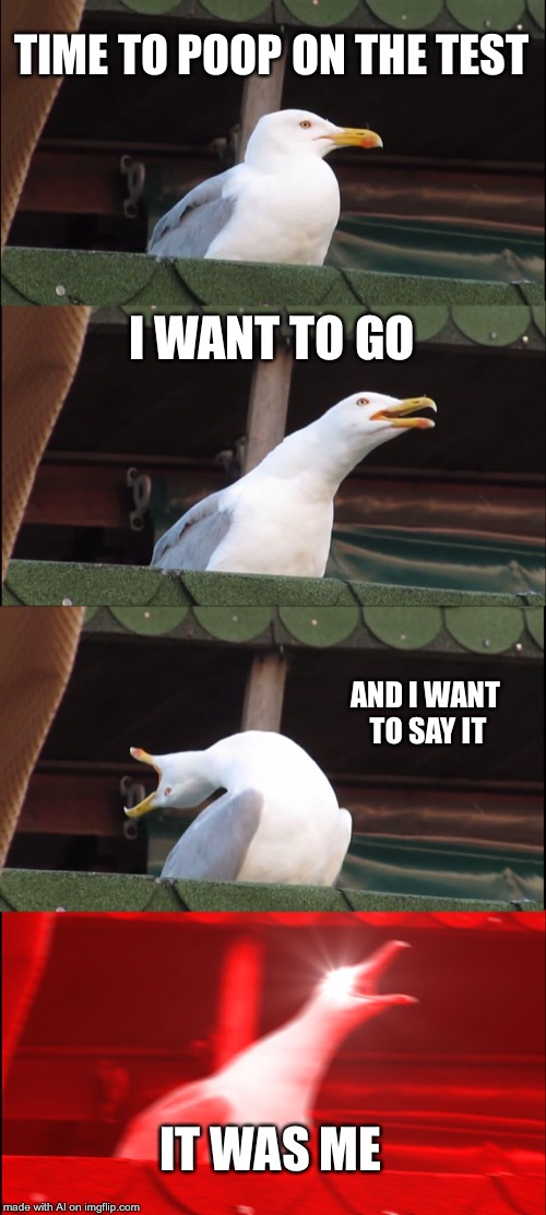 Inhaling Seagull Meme | TIME TO POOP ON THE TEST; I WANT TO GO; AND I WANT TO SAY IT; IT WAS ME | image tagged in memes,inhaling seagull | made w/ Imgflip meme maker