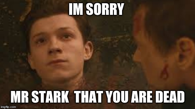 peter parker dying | IM SORRY; MR STARK  THAT YOU ARE DEAD | image tagged in just for fun | made w/ Imgflip meme maker
