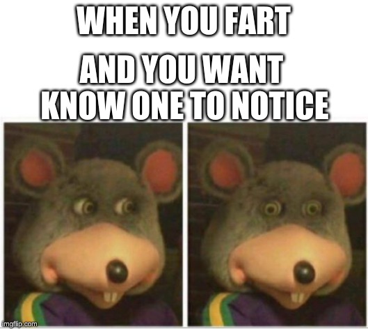 chuck e cheese rat stare | WHEN YOU FART; AND YOU WANT KNOW ONE TO NOTICE | image tagged in chuck e cheese rat stare | made w/ Imgflip meme maker