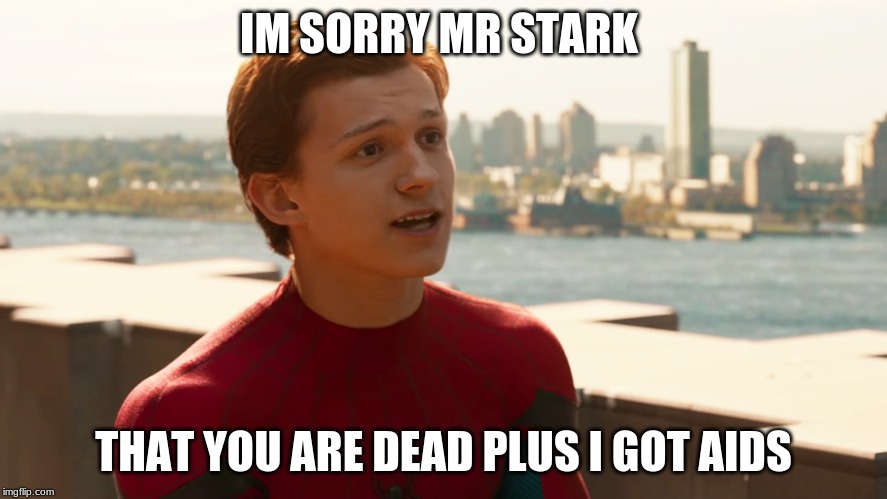 spiderman | IM SORRY MR STARK; THAT YOU ARE DEAD PLUS I GOT AIDS | image tagged in tom holland spider-man | made w/ Imgflip meme maker