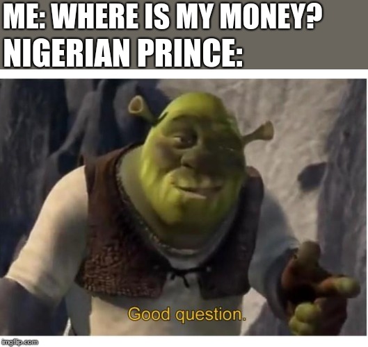 Good Question | ME: WHERE IS MY MONEY? NIGERIAN PRINCE: | image tagged in good question | made w/ Imgflip meme maker