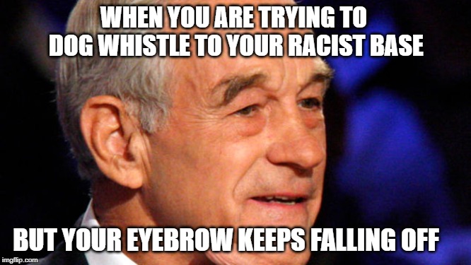 WHEN YOU ARE TRYING TO DOG WHISTLE TO YOUR RACIST BASE; BUT YOUR EYEBROW KEEPS FALLING OFF | image tagged in ron paul | made w/ Imgflip meme maker