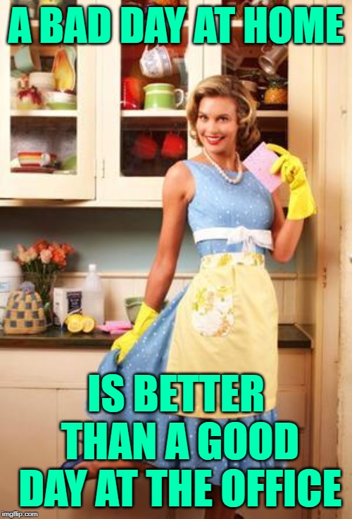 Even Housewives Get the Blues |  A BAD DAY AT HOME; IS BETTER THAN A GOOD DAY AT THE OFFICE | image tagged in housewife,humor,sassy,sayings,funny memes,women | made w/ Imgflip meme maker