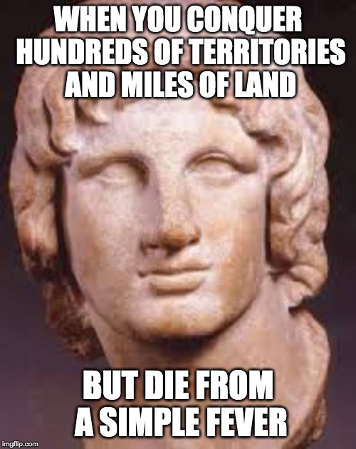 Alexander the Great | WHEN YOU CONQUER HUNDREDS OF TERRITORIES AND MILES OF LAND; BUT DIE FROM A SIMPLE FEVER | image tagged in historical meme,Ancient_History_Memes | made w/ Imgflip meme maker