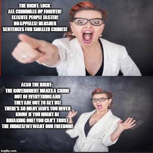 Yelling Lady from the Right | THE RIGHT: LOCK ALL CRIMINALS UP FOREVER! EXECUTE PEOPLE FASTER! NO APPEALS! HARSHER SENTENCES FOR SMALLER CRIMES! ALSO THE RIGHT: THE GOVERNMENT MAKES A CRIME OUT OF EVERYTHING AND THEY ARE OUT TO GET US! THERE'S SO MANY LAWS YOU NEVER KNOW IF YOU MIGHT BE BREAKING ONE! YOU CAN'T TRUST THE JUDGES! WE WANT OUR FREEDOM! | image tagged in memes,republican,crime | made w/ Imgflip meme maker