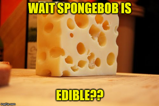 Swiss Cheese | WAIT SPONGEBOB IS EDIBLE?? | image tagged in swiss cheese | made w/ Imgflip meme maker