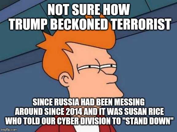 Futurama Fry Meme | NOT SURE HOW TRUMP BECKONED TERRORIST SINCE RUSSIA HAD BEEN MESSING AROUND SINCE 2014 AND IT WAS SUSAN RICE WHO TOLD OUR CYBER DIVISION TO " | image tagged in memes,futurama fry | made w/ Imgflip meme maker
