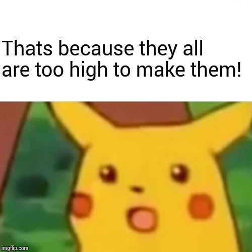 Surprised Pikachu Meme | Thats because they all are too high to make them! | image tagged in memes,surprised pikachu | made w/ Imgflip meme maker