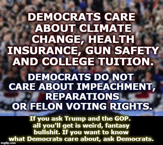 DEMOCRATS CARE ABOUT CLIMATE CHANGE, HEALTH INSURANCE, GUN SAFETY AND COLLEGE TUITION. DEMOCRATS DO NOT CARE ABOUT IMPEACHMENT, REPARATIONS OR FELON VOTING RIGHTS. If you ask Trump and the GOP. all you'll get is weird, fantasy bullshit. If you want to know what Democrats care about, ask Democrats. | image tagged in democrats,climate change,health,guns,college | made w/ Imgflip meme maker