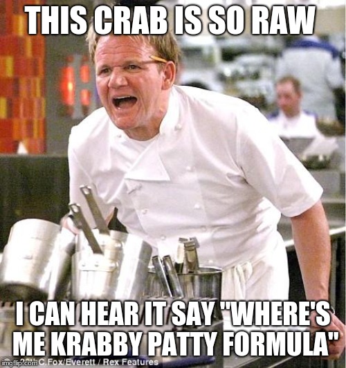 Chef Gordon Ramsay Meme | THIS CRAB IS SO RAW; I CAN HEAR IT SAY "WHERE'S ME KRABBY PATTY FORMULA" | image tagged in memes,chef gordon ramsay | made w/ Imgflip meme maker