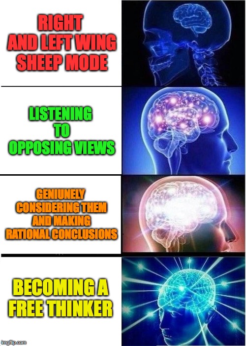 Expanding Brain | RIGHT AND LEFT WING SHEEP MODE; LISTENING TO OPPOSING VIEWS; GENIUNELY CONSIDERING THEM AND MAKING RATIONAL CONCLUSIONS; BECOMING A FREE THINKER | image tagged in memes,expanding brain | made w/ Imgflip meme maker
