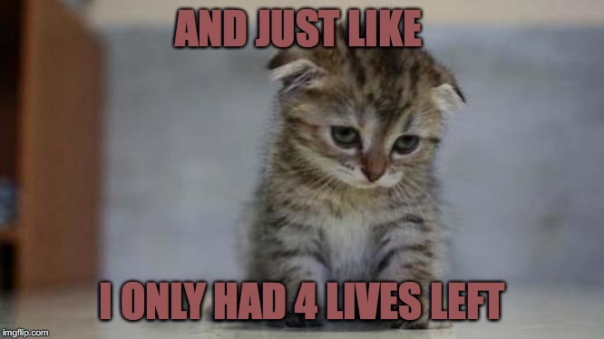 Sad kitten | AND JUST LIKE; I ONLY HAD 4 LIVES LEFT | image tagged in sad kitten | made w/ Imgflip meme maker