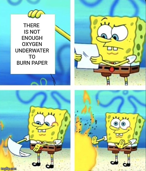Spongebob week April 29th to May 5th an EGOS production: a show that makes physicists cringe | THERE IS NOT ENOUGH OXYGEN UNDERWATER TO BURN PAPER | image tagged in spongebob yeet,impossible | made w/ Imgflip meme maker