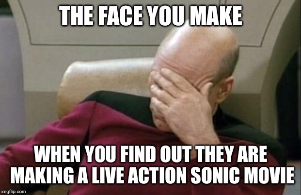 First Pikachu, then Dora, now Sonic? What's next? | THE FACE YOU MAKE; WHEN YOU FIND OUT THEY ARE MAKING A LIVE ACTION SONIC MOVIE | image tagged in memes,captain picard facepalm,funny,funny memes | made w/ Imgflip meme maker