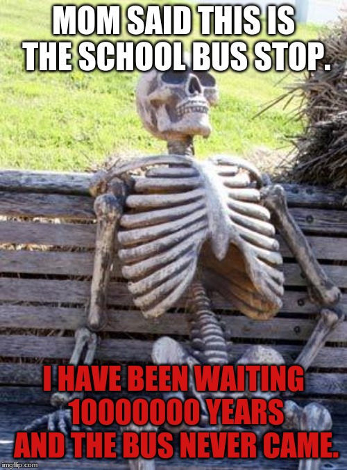 Waiting Skeleton Meme | MOM SAID THIS IS THE SCHOOL BUS STOP. I HAVE BEEN WAITING 10000000 YEARS AND THE BUS NEVER CAME. | image tagged in memes,waiting skeleton | made w/ Imgflip meme maker