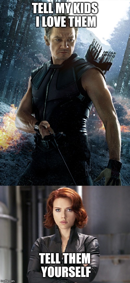 TELL MY KIDS I LOVE THEM; TELL THEM YOURSELF | image tagged in hawkeye,black widow - not impressed | made w/ Imgflip meme maker