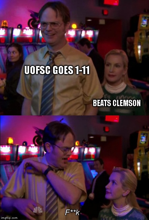 Angela scared Dwight | UOFSC GOES 1-11; BEATS CLEMSON | image tagged in angela scared dwight | made w/ Imgflip meme maker