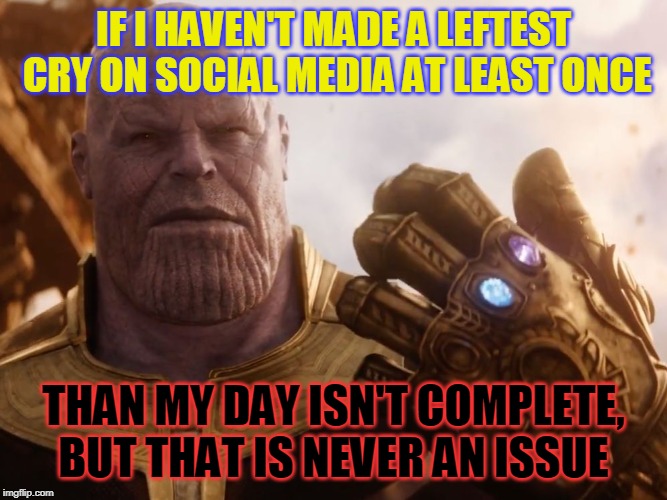 Thanos Smile | IF I HAVEN'T MADE A LEFTEST CRY ON SOCIAL MEDIA AT LEAST ONCE; THAN MY DAY ISN'T COMPLETE, BUT THAT IS NEVER AN ISSUE | image tagged in thanos smile | made w/ Imgflip meme maker