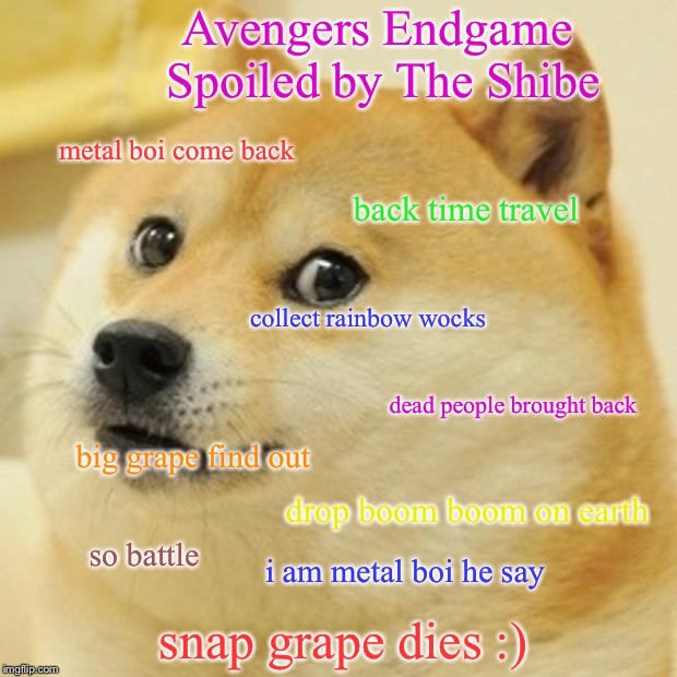 Doge Meme | Avengers Endgame Spoiled by The Shibe; metal boi come back; back time travel; collect rainbow wocks; dead people brought back; big grape find out; drop boom boom on earth; so battle; i am metal boi he say; snap grape dies :) | image tagged in memes,doge | made w/ Imgflip meme maker