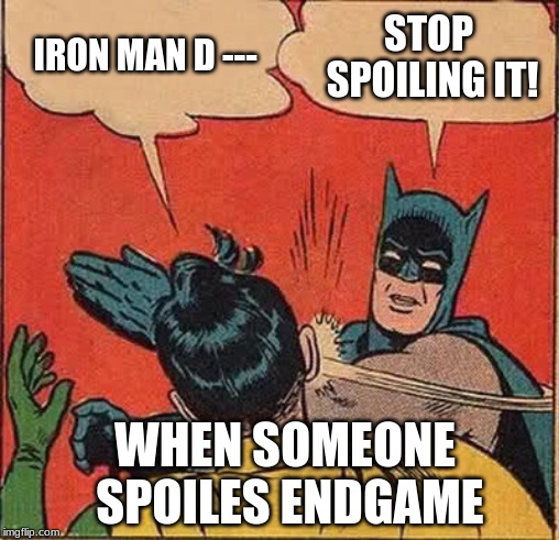 Batman Slapping Robin | IRON MAN D ---; STOP SPOILING IT! WHEN SOMEONE SPOILES ENDGAME | image tagged in memes,batman slapping robin | made w/ Imgflip meme maker