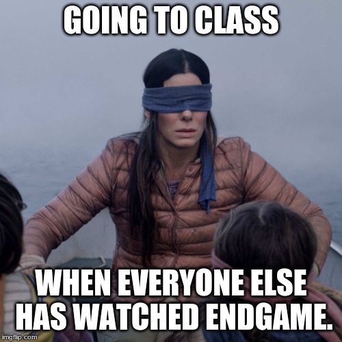 Bird Box | GOING TO CLASS; WHEN EVERYONE ELSE HAS WATCHED ENDGAME. | image tagged in memes,bird box | made w/ Imgflip meme maker