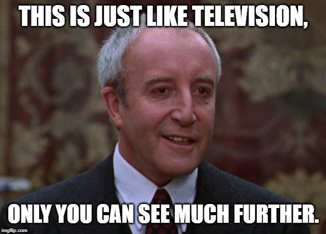 Peter Sellers | THIS IS JUST LIKE TELEVISION, ONLY YOU CAN SEE MUCH FURTHER. | image tagged in peter sellers | made w/ Imgflip meme maker