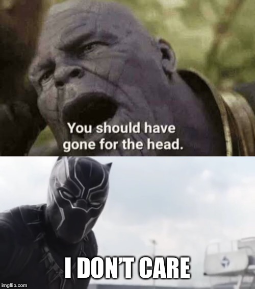I don’t care Thanos | I DON’T CARE | image tagged in thanos,black panther,i don't care | made w/ Imgflip meme maker
