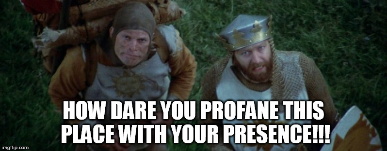 Monty Python - Holy Grail - Profane | HOW DARE YOU PROFANE THIS PLACE WITH YOUR PRESENCE!!! | image tagged in monty python,monty python and the holy grail,french taunting in monty python's holy grail,king arthur | made w/ Imgflip meme maker