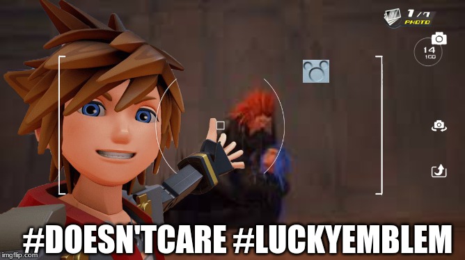 Sora only cares about lucky emblems | #DOESN'TCARE #LUCKYEMBLEM | image tagged in kingdom hearts,sora,seflie,lucky emblem | made w/ Imgflip meme maker