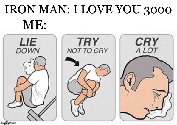 IRON MAN: I LOVE YOU 3000; ME: | image tagged in blank white template,cry a lot | made w/ Imgflip meme maker
