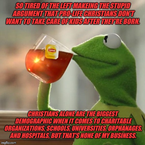 But That's None Of My Business Meme | SO TIRED OF THE LEFT MAKEING THE STUPID ARGUMENT THAT PRO-LIFE CHRISTIANS DON'T WANT TO TAKE CARE OF KIDS AFTER THEY'RE BORN. CHRISTIANS ALONE ARE THE BIGGEST DEMOGRAPHIC WHEN IT COMES TO CHARITABLE ORGANIZATIONS, SCHOOLS, UNIVERSITIES, ORPHANAGES, AND HOSPITALS, BUT THAT'S NONE OF MY BUSINESS. | image tagged in memes,but thats none of my business,kermit the frog | made w/ Imgflip meme maker