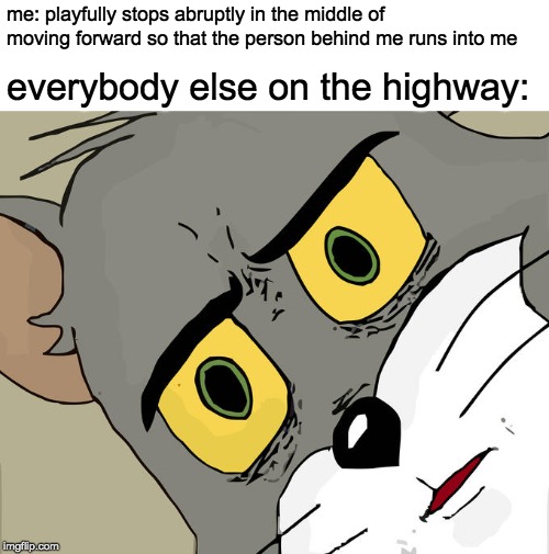 Unsettled Tom Meme | me: playfully stops abruptly in the middle of moving forward so that the person behind me runs into me; everybody else on the highway: | image tagged in memes,unsettled tom | made w/ Imgflip meme maker