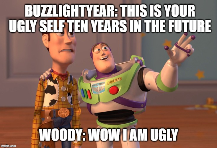 X, X Everywhere | BUZZLIGHTYEAR: THIS IS YOUR UGLY SELF TEN YEARS IN THE FUTURE; WOODY: WOW I AM UGLY | image tagged in memes,x x everywhere | made w/ Imgflip meme maker