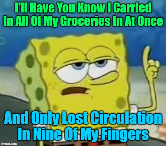 Daily Struggles!  "Spongebob Week" April 29th to May 5th an EGOS production | I'll Have You Know I Carried In All Of My Groceries In At Once; And Only Lost Circulation In Nine Of My Fingers | image tagged in memes,ill have you know spongebob,spongebob week | made w/ Imgflip meme maker