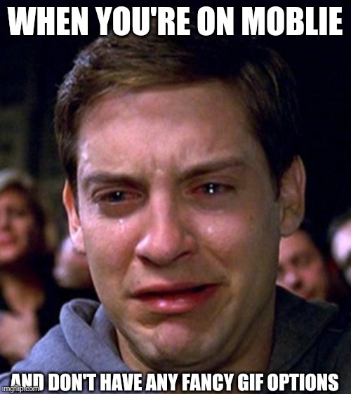 crying peter parker | WHEN YOU'RE ON MOBLIE; AND DON'T HAVE ANY FANCY GIF OPTIONS | image tagged in crying peter parker,memes,gifs,mods,imgflip | made w/ Imgflip meme maker