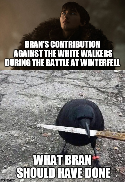 Seriously wtf was he doing the whole time!? | BRAN'S CONTRIBUTION AGAINST THE WHITE WALKERS DURING THE BATTLE AT WINTERFELL; WHAT BRAN SHOULD HAVE DONE | image tagged in memes,game of thrones,tv shows,entertainment,bran stark | made w/ Imgflip meme maker