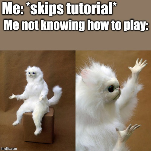 SAMPLE TEXT | Me: *skips tutorial*; Me not knowing how to play: | image tagged in memes,persian cat room guardian | made w/ Imgflip meme maker