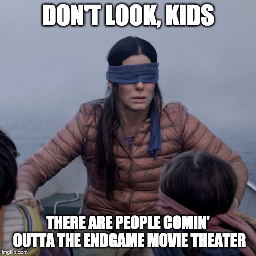 Bird Box Meme | DON'T LOOK, KIDS; THERE ARE PEOPLE COMIN' OUTTA THE ENDGAME MOVIE THEATER | image tagged in memes,bird box | made w/ Imgflip meme maker