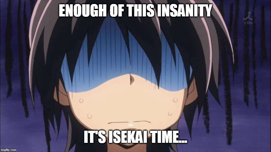 I need a change bad | ENOUGH OF THIS INSANITY; IT'S ISEKAI TIME... | image tagged in anime,funny,meanwhile in japan | made w/ Imgflip meme maker