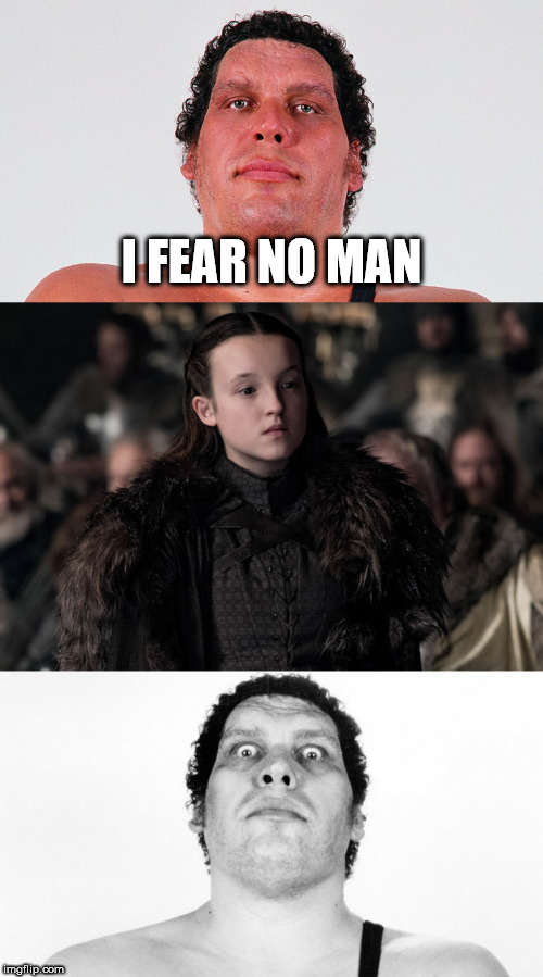 The Giant and Lyanna | I FEAR NO MAN | image tagged in andre the giant,lyanna mormont | made w/ Imgflip meme maker