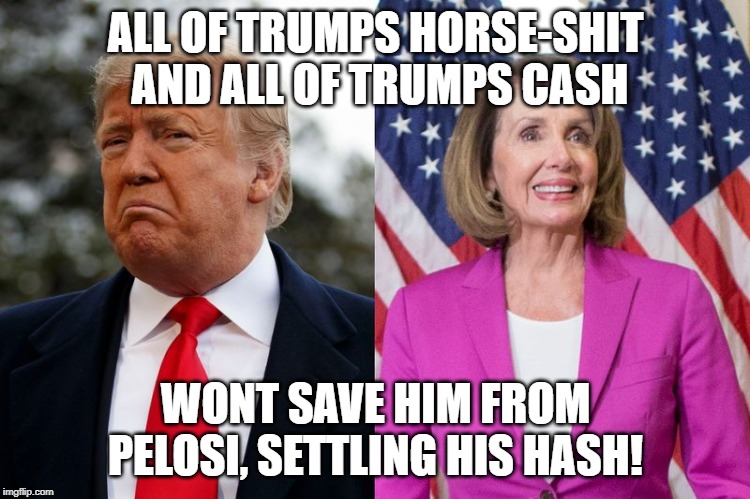 Trump vs Pelosi | ALL OF TRUMPS HORSE-SHIT AND ALL OF TRUMPS CASH; WONT SAVE HIM FROM PELOSI, SETTLING HIS HASH! | image tagged in trump vs pelosi | made w/ Imgflip meme maker