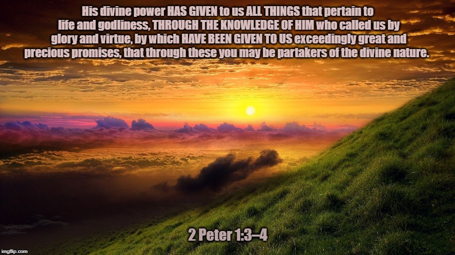 His Promise :) | His divine power HAS GIVEN to us ALL THINGS that pertain to life and godliness, THROUGH THE KNOWLEDGE OF HIM who called us by glory and virtue, by which HAVE BEEN GIVEN TO US exceedingly great and precious promises, that through these you may be partakers of the divine nature. 2 Peter 1:3–4 | image tagged in christian | made w/ Imgflip meme maker
