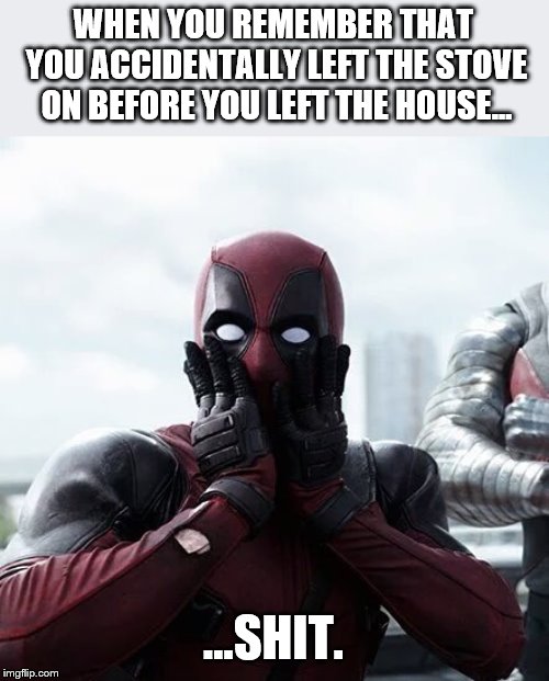 Deadpool Surprised Meme | WHEN YOU REMEMBER THAT YOU ACCIDENTALLY LEFT THE STOVE ON BEFORE YOU LEFT THE HOUSE... ...SHIT. | image tagged in memes,deadpool surprised | made w/ Imgflip meme maker