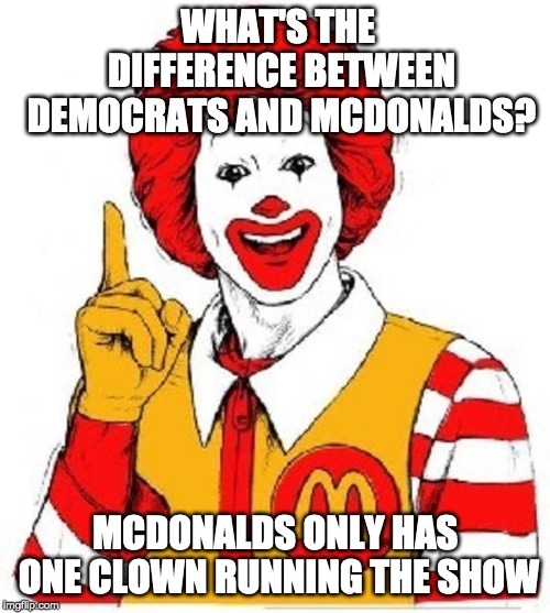 New DNC mascot suggestion. | WHAT'S THE DIFFERENCE BETWEEN DEMOCRATS AND MCDONALDS? MCDONALDS ONLY HAS ONE CLOWN RUNNING THE SHOW | image tagged in democrats,dnc,mcdonalds | made w/ Imgflip meme maker