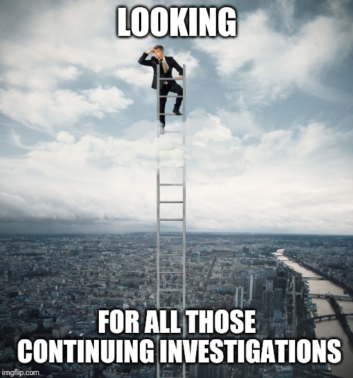 searching | LOOKING FOR ALL THOSE CONTINUING INVESTIGATIONS | image tagged in searching | made w/ Imgflip meme maker