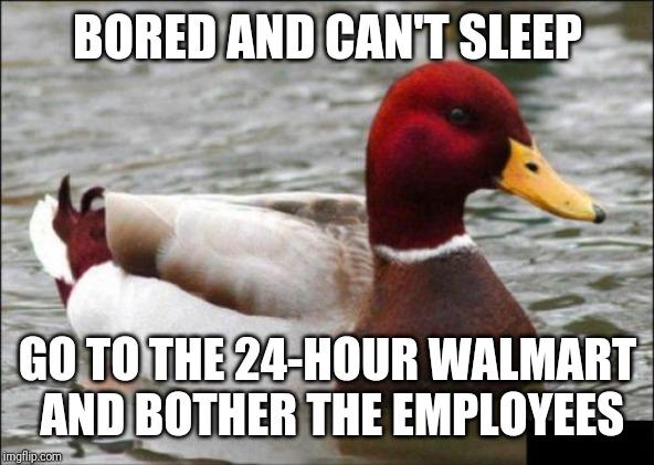 Malicious Advice Mallard | BORED AND CAN'T SLEEP; GO TO THE 24-HOUR WALMART AND BOTHER THE EMPLOYEES | image tagged in memes,malicious advice mallard,retail,people of walmart | made w/ Imgflip meme maker