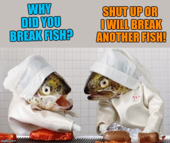 Please read in French voice ;) | SHUT UP OR I WILL BREAK ANOTHER FISH! WHY DID YOU BREAK FISH? | image tagged in memes,funny,fish,french,food,chocolate fish | made w/ Imgflip meme maker