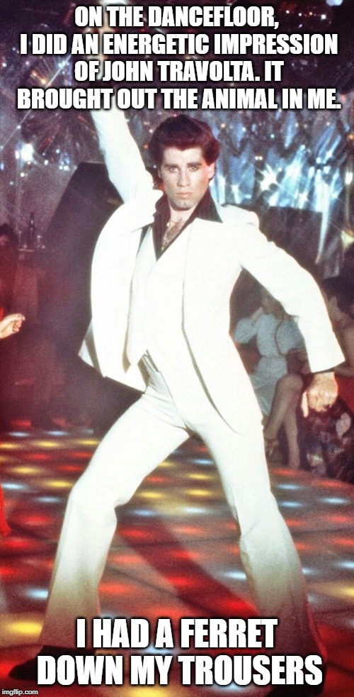 John Travolta | ON THE DANCEFLOOR, I DID AN ENERGETIC IMPRESSION OF JOHN TRAVOLTA. IT BROUGHT OUT THE ANIMAL IN ME. I HAD A FERRET DOWN MY TROUSERS | image tagged in john travolta | made w/ Imgflip meme maker