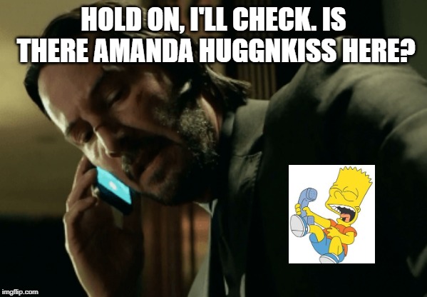 Crossover I Want to see | HOLD ON, I'LL CHECK. IS THERE AMANDA HUGGNKISS HERE? | image tagged in john wick calling | made w/ Imgflip meme maker