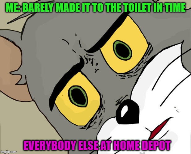 When you gotta go, you gotta go!!! | ME: BARELY MADE IT TO THE TOILET IN TIME; EVERYBODY ELSE AT HOME DEPOT | image tagged in memes,unsettled tom,home depot,funny,gotta go,crappiness | made w/ Imgflip meme maker